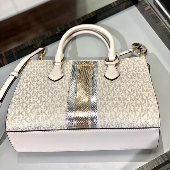 Michael Kors Sheila Medium Signature Logo and Metallic Satchel Crossbody - Picture 10 of 16